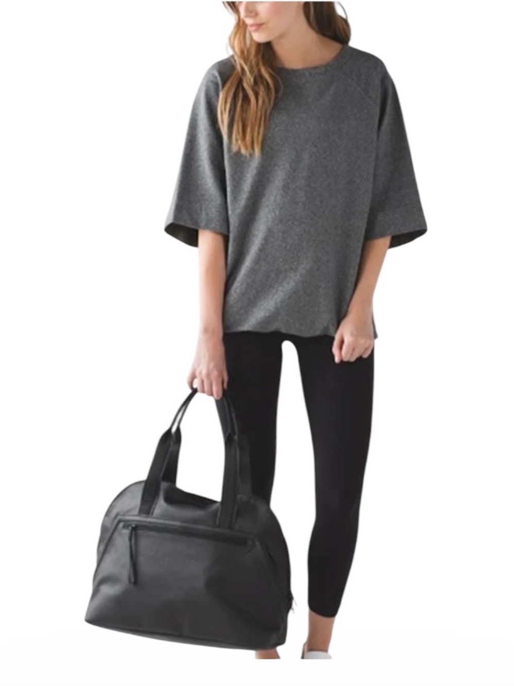Lululemon Womens Split Short Sleeve Sweatshirt Heather Speckled Black Sz L